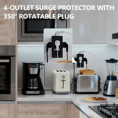 Rock Solid 4 Outlet Surge Protector With 350 Degree Rotating Plug for TV and Fridge, compact design on kitchen counter.