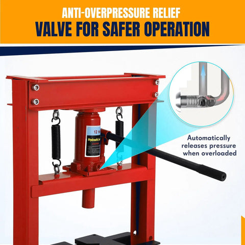 Heavy Duty 12 Ton H Frame Hydraulic Shop Press For Garage Floor Use, Adjustable Pressure With Plates, Red Finish, safety valve