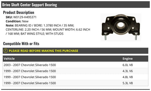 Driveshaft Center Support Bearing With Studs For 1999-2007 Chevy Silverado 1500, bat wing style, black metal, front view