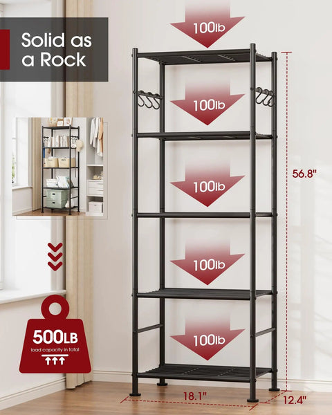 Heavy Duty 5 Tier Storage Shelves With Hooks For Garage And Home Large Capacity Metal Rack With Leveling Feet Wobble Free Organizer