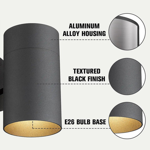Diagram of Outdoor Wall Sconce Light Set Weatherproof Cylinder Exterior Lighting For Porch Garage Patio Entryway IP65 Die Casting Aluminum Two Pack showcasing aluminum housing, matte black finish, and E26 bulb base.