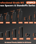 686 Piece Motherboard Standoffs And Spacers Kit M3 Brass And Black Nylon Hex Standoffs And Nuts For PC Building Raspberry Pi Drone PCB Projects Computer Hardware, 418-piece assortment with sizes shown