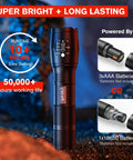Image of Beast Mode LED Tactical Flashlight S2000 showing its 50,000+ hours runtime and battery options.