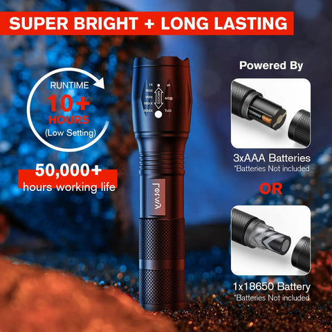 Image of Beast Mode LED Tactical Flashlight S2000 showing its 50,000+ hours runtime and battery options.