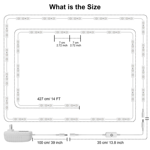 Adhesive LED Light Strip Kit For Display Cases, 14Ft Flexible Jewelry Showcase Lighting With Dimmable Bright White 6000K size diagram