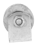 Front view of a heavy-duty cast-iron V-groove wheel with mounting bolt for garage doors