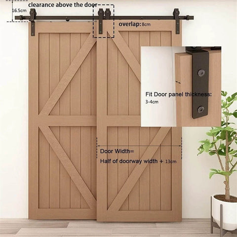 Heavy Duty Sliding Barn Door Hardware Kit With Single Track Bypass For Double Doors, Flat Black 183Cm Track, installed view