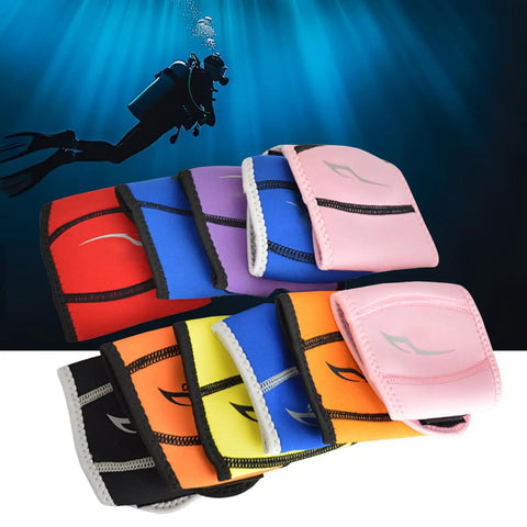 Assorted neoprene and nylon diving regulator covers for dust protection and easy access, shown with scuba diver silhouette in background
