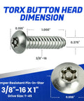 Tamper Resistant Torx Machine Screws 3/8 16 X 1 stainless steel button head dimensions with drive size T-45.