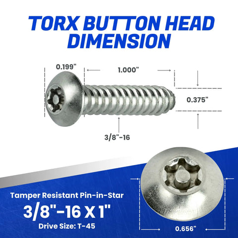 Tamper Resistant Torx Machine Screws 3/8 16 X 1 stainless steel button head dimensions with drive size T-45.