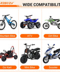 RZEOZU wide compatibility collage of six vehicles: mountain bike, ATV, dirt bike, go kart, mini bike, scooter.