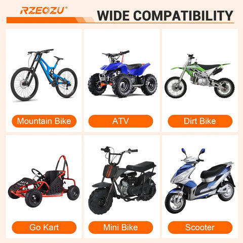 RZEOZU wide compatibility collage of six vehicles: mountain bike, ATV, dirt bike, go kart, mini bike, scooter.