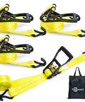 Heavy Duty Car Tie Down Straps For Trailers 4 Pack 2 Inch By 10 Feet With 10,000 Lb Break Strength And Four Ratchets With Snap Hooks Plus 2 Axle Straps Ultra Secure Wheel Straps For A Rock Solid Haul displayed with carry bag