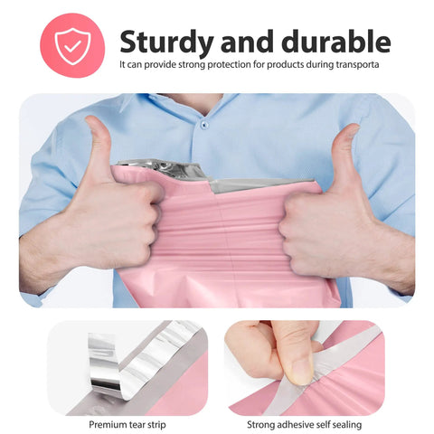 Person showcasing the strength of 14.5 X 19 Inch Poly Mailers 50 Pack Self Seal Waterproof Shipping Bags For Clothing Durable Pink Packing Envelopes