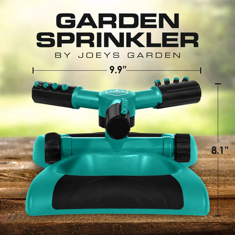 Rotating Garden Sprinkler With 3 Adjustable Arms Stable Weighted Base 360 Degree Coverage Expandable Connection For Lawn And Yard Watering Durable ABS Plastic Sprinkler on wooden surface.