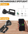 Beast Bright 90000 Lumen Handheld Spotlight Flashlight with Rechargeable Battery showing USB input and output usage