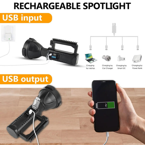 Beast Bright 90000 Lumen Handheld Spotlight Flashlight with Rechargeable Battery showing USB input and output usage