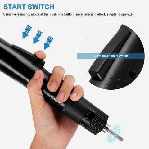 Close-up of hand holding Electric Screwdriver Set With Adjustable Torque 5mm Chuck 110 220V Interchangeable Bits."}