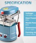 Pro Grade Vacuum Forming Machine 110V Lab Equipment with specifications displayed on blue background.
