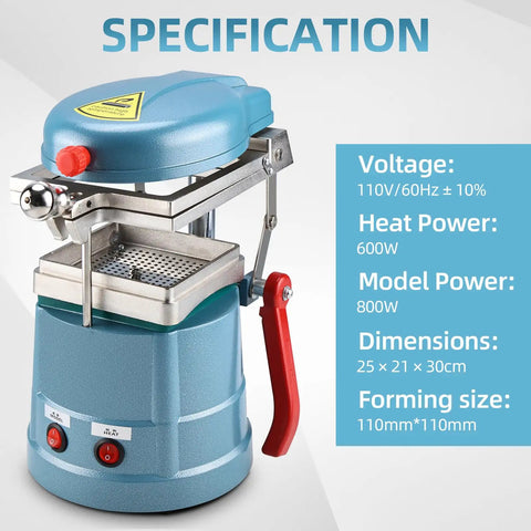 Pro Grade Vacuum Forming Machine 110V Lab Equipment with specifications displayed on blue background.