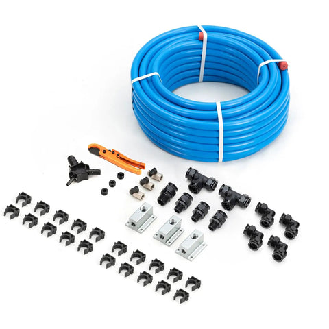 Rapid Air System Three Quarter Inch By 100 Ft Piping Kit With Outlet Blocks And Equal Elbows For Your Garage Shop Air Line Rated To 200 PSI ASTM F1282 Blue Pro, coiled blue piping and fittings.