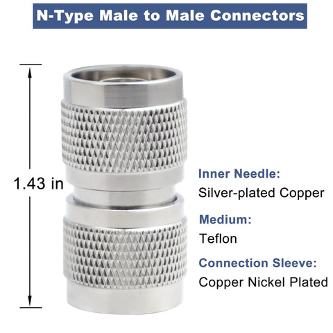 2-Pack N-Type Male To Male RF Connectors For Coax Cables, 50 Ohm Straight Adapters with PTFE Insulation, 1.43-inch length