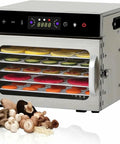 Top Shelf Electric Food Dehydrator Delivering Hella Steady Airflow For Smooth Jerky Fruit Vegetable Herb Drying And Long Lasting Storage With Massive Stainless Steel Trays with colorful fruits drying inside.