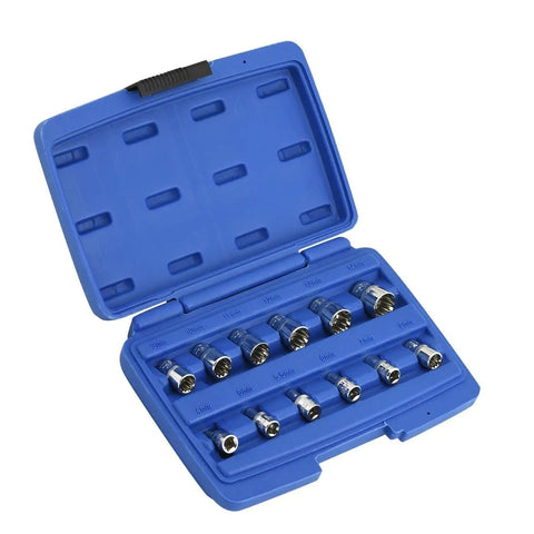 Hella Durable 12 Piece Octa Metric Socket Set Quarter Inch Drive Chrome Vanadium Multi Fit Wrench Kit in blue case with sockets displayed.