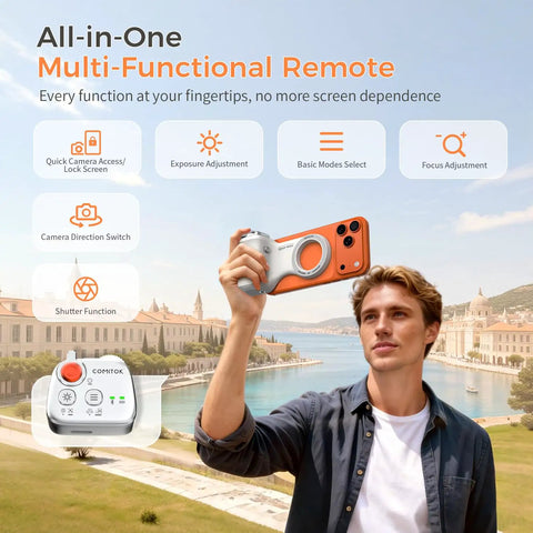 Man using Phone Camera Grip For iPhone Pro Max With Thumb Rest Enhanced Mount And Detachable Remote for easy video shooting