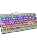Top Tier Gaming Keyboard 108 Key White Edition With Rgb Backlights Anti Ghosting Tech And Slick Design For Pc Laptop And Office Use Bringing Clean Vibes And Unmatched Durability To Your Desk Setup with colorful light display on a sleek frame.