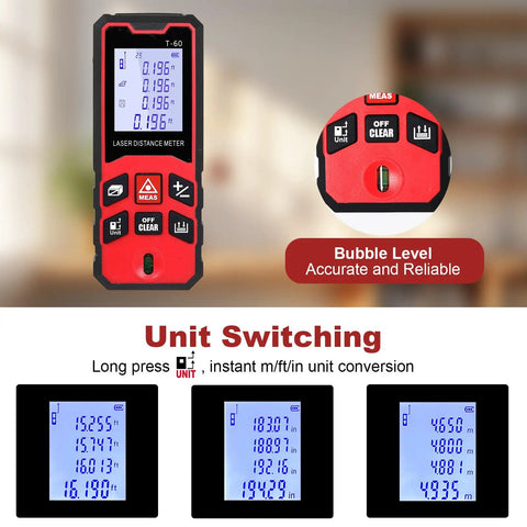 Laser Distance Meter With 196 Feet Range And Backlit LCD Precision To One Sixteenth Inch Pythagorean And Area Volume Calculations Switchable Meters Inches And Feet Units Bubble Level Auto Shut Off Built Tough, red handheld unit with unit switching display