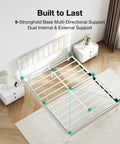Heavy Duty Queen Bed Frame Rocking Piano Key Headboard And Reliable Metal Platform Base With Integrated Steel Slats For No Box Spring Needed Hassle Free Assembly Plus Crisp White Velvet Finish That Brings The Bedroom Glow Up, showing multi-directional support design.