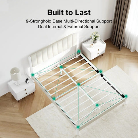 Heavy Duty Queen Bed Frame Rocking Piano Key Headboard And Reliable Metal Platform Base With Integrated Steel Slats For No Box Spring Needed Hassle Free Assembly Plus Crisp White Velvet Finish That Brings The Bedroom Glow Up, showing multi-directional support design.