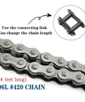 Close-up of 96L #420 chain with connecting link for Centrifugal Clutch For Go Karts And Mini Bikes Three Quarter Bore 10 Tooth.