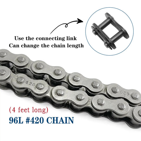 Close-up of 96L #420 chain with connecting link for Centrifugal Clutch For Go Karts And Mini Bikes Three Quarter Bore 10 Tooth.