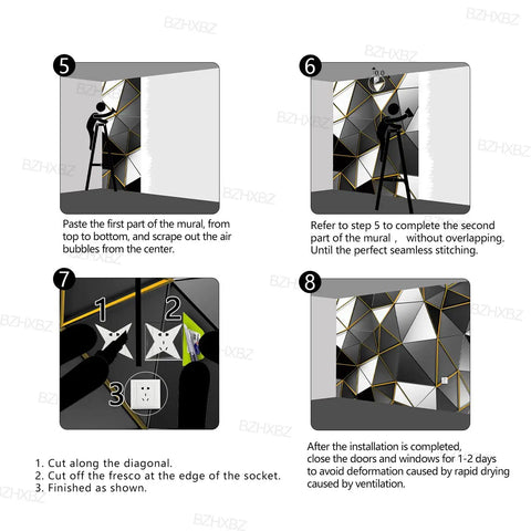 Installation guide for Bangin Black And Gold Geometry Wallpaper For Bedroom And Living Room Grey Murals, four instructional steps shown.
