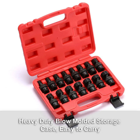 15 Piece 3/8 Inch Drive Universal Impact Socket Set, 6-Point Metric, 8mm To 22mm, Flex Socket Design For 360 Degree Angling, Heavy Duty Chrome Molybdenum Steel With Black Oxide Finish
