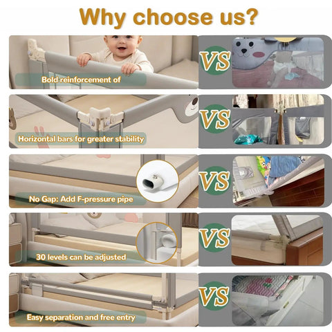 Heightened Bed Guard Rail For Toddlers And Kids, comparison image showing sturdy frame, adjustable height, and safety features.