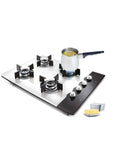 Turkish Coffee Pot Warmer Set In Stainless Steel on stovetop with espresso warmer and mini melting pot, featuring butter maker.