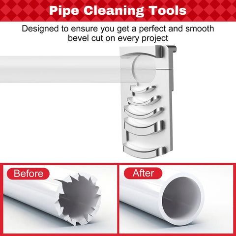 PVC Pipe Reamer Kit With Deburring Tool And Cutter Set For Plastic Pipe 11 Piece Pro Grade Plumbing Tool Kit showing pipe before and after reaming