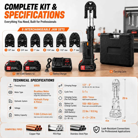 Heavy Duty 60KN Brushless Cordless Pipe Crimping Tool With 18V Battery Hydraulic Press Kit For Copper Tubing Includes Six Jaws specifications chart