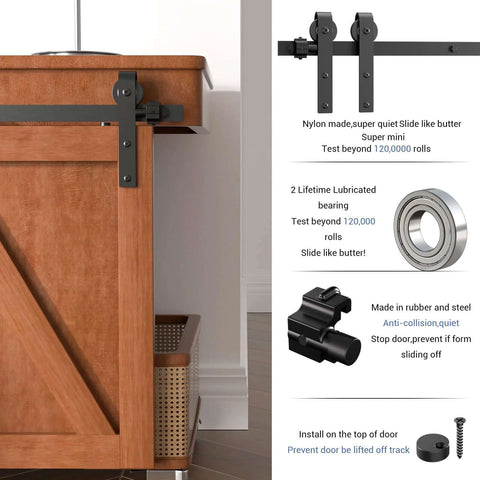 4 Foot Mini Sliding Barn Door Hardware Track Kit for 21 to 24 Inch Doors installed on wooden cabinet, black J-shape hanger