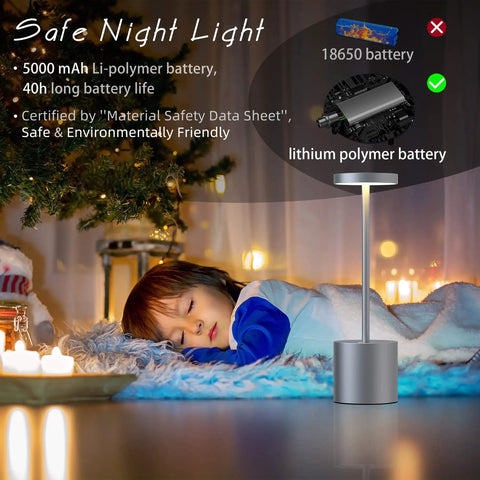 Sleeping child by cordless table lamp with 5000mAh battery rechargeable LED light for home and outdoor use stepless dimming with three modes up to 40 hours of light fast 3 to 4 hour charge ideal for restaurants bedrooms and living spaces