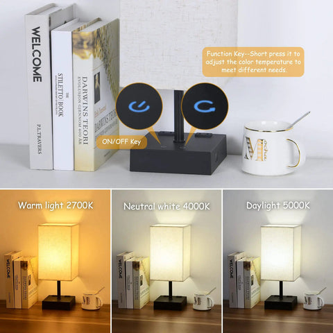 Three Color Touch Table Lamp With Dimmable Brightness And 2700K 4000K 5000K Color Temperature USB Ports And AC Outlets Black Base Beige Shade Bedside Nightstand Light With Bulb Included Easy Tap Control To Set The Mood displayed on a nightstand.