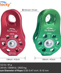 Rocky 28kN Zipline Pulley And 26kN Micro Pulley Set With Stainless Steel Bearings in red and green, CE certified.
