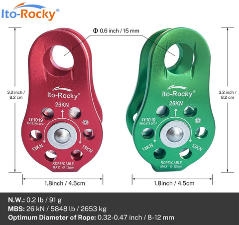 Rocky 28kN Zipline Pulley And 26kN Micro Pulley Set With Stainless Steel Bearings in red and green, CE certified.