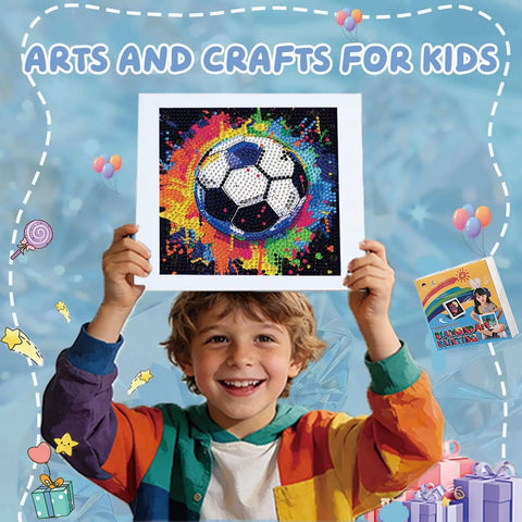 Child holding a Football Diamond Art Kit For Kids With Frame 7 By 7 Inch Diamond Painting Craft For Ages 4 8 12.