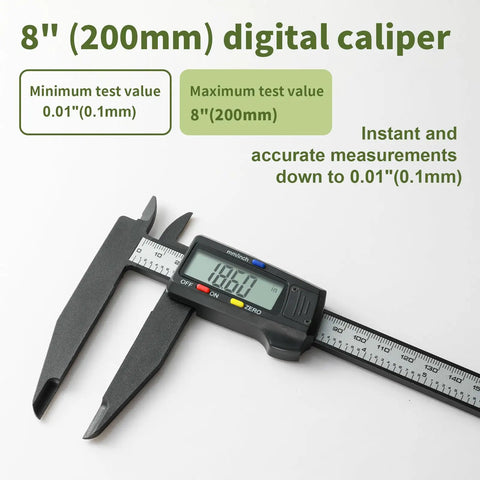 Digital Caliper 0 To 8 Inches Measuring Tool With Auto Off Interchangeable Inches And Millimeters 0.01 Inch Resolution Lightweight Plastic Carbon Fiber Caliper For Jewelry Making And 3D Printing DIY Projects showing measurement display and jaws extended.