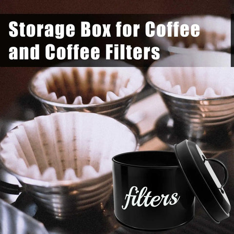 Black coffee filter holder with lid in front of metal filter baskets.