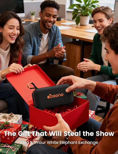 Group of friends exchanging a 20W Bluetooth Speaker With Dope Stereo Sound 30 Hours Playtime IPX5 Water Resistant Portable Wireless Speaker With Deep Bass And Light Show Ideal Gift For Men Teens Adults Beach Vacation Essential Black in a red gift box